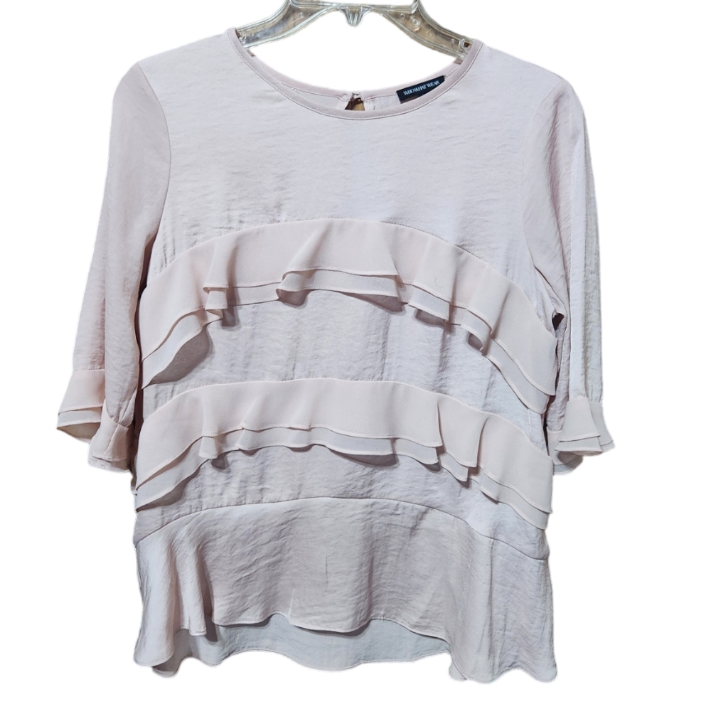 Who What Wear Pink Ruffle Tiered 3/4 Sleeves Back Key Neck Hole Closure Blouse